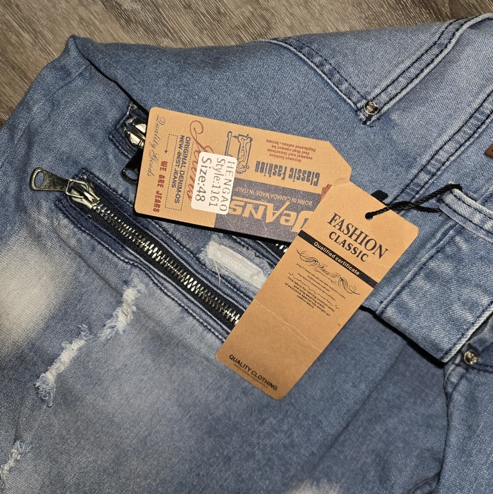 HENGAO Mens Destroyed Ripped Straight‎ Fit Jeans 1161 LIGHT BLUE SIZE 48